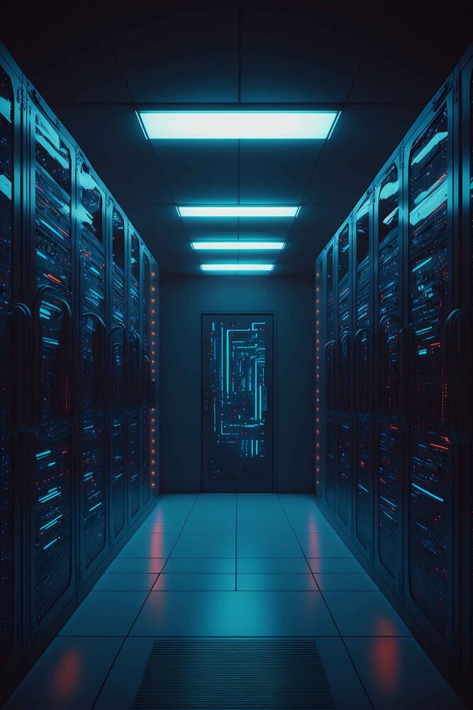 data server racks hub room with big data computer center blue interior hosting storage hardware