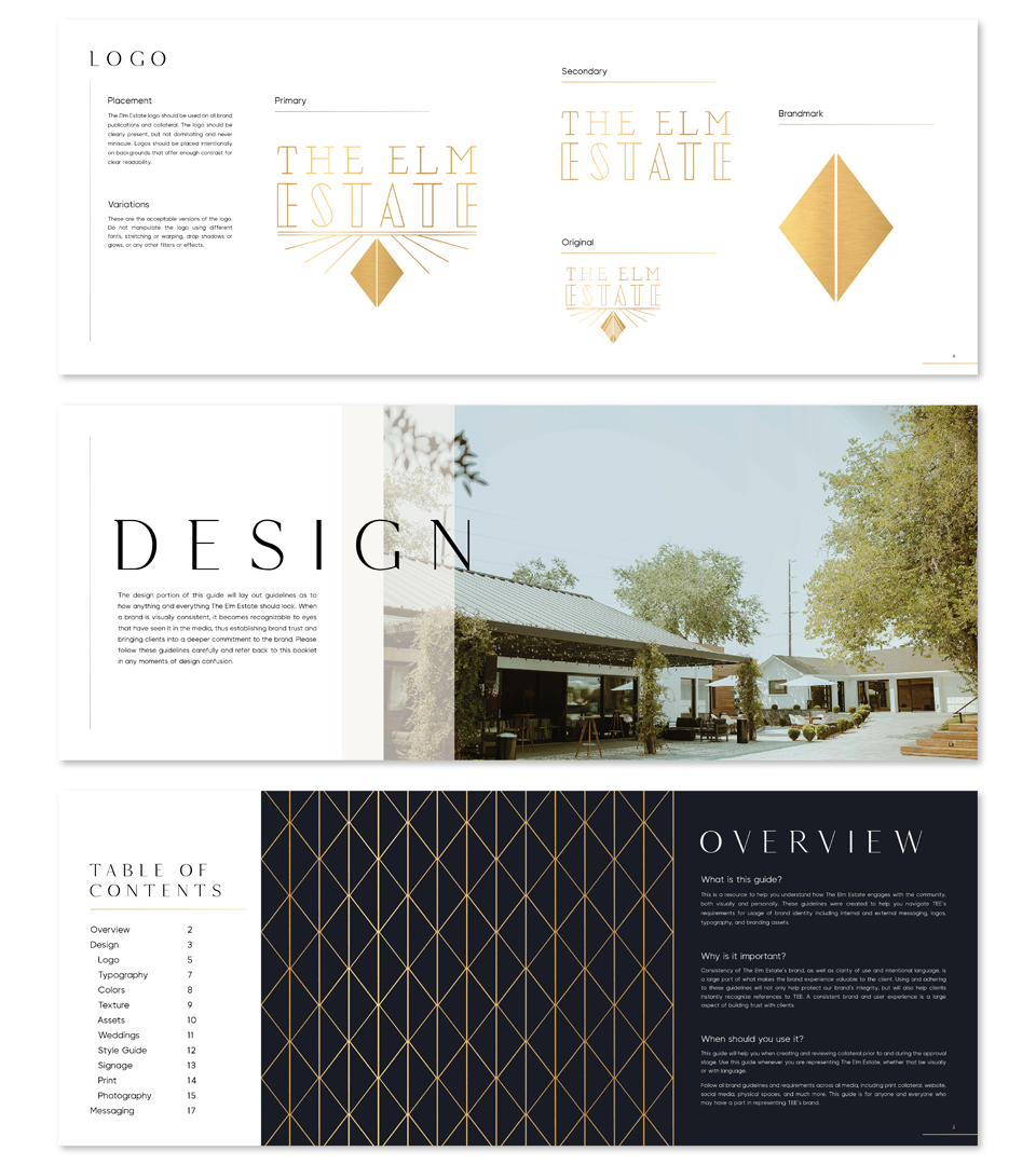 the elm estate brand guide logo, design, and overview