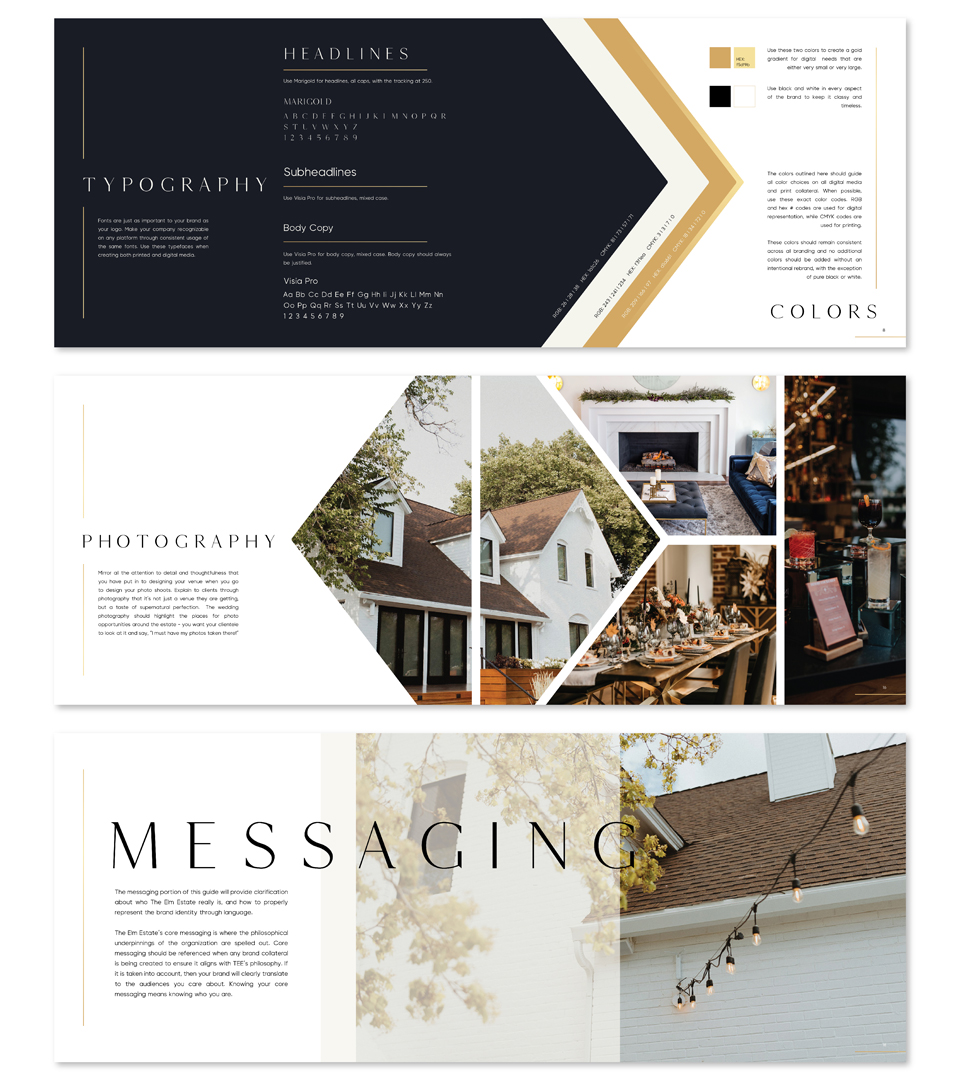 the elm estate brand guide typography, colors, photography, and messaging