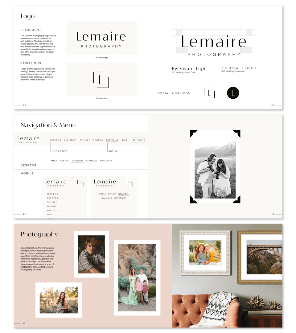 the lemaire photography brand guide, logo, navigation and menu, photography