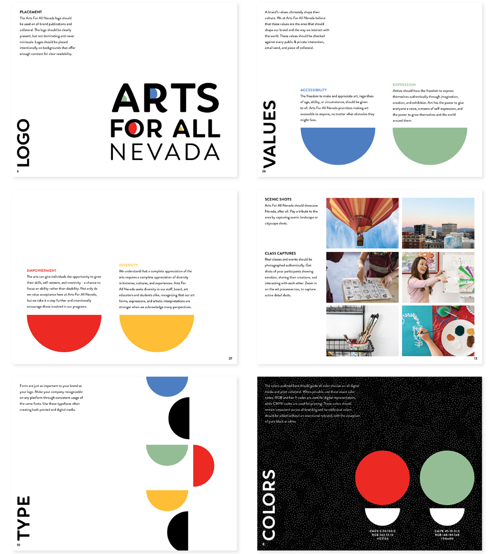 the arts for all nevada brand guide, logo, values, type, color