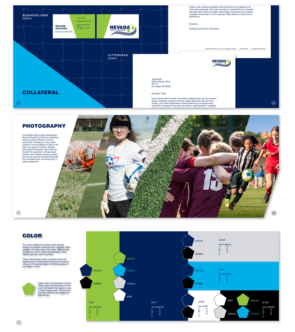 the nevada youth association brand guide, business cards, photography, colors
