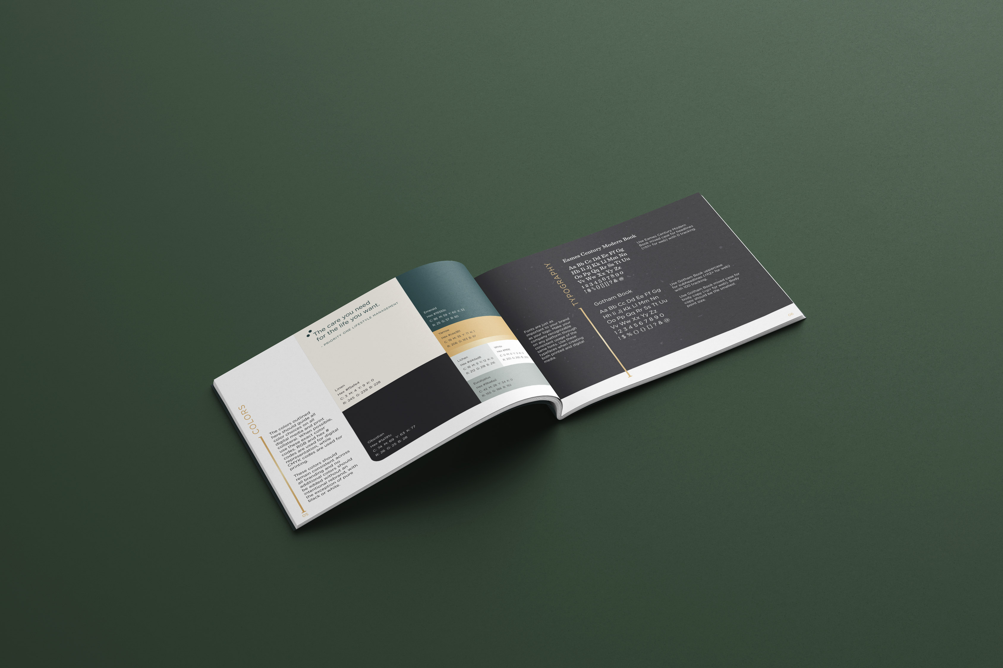 the priority one brand guide folded open to the fonts and colors page
